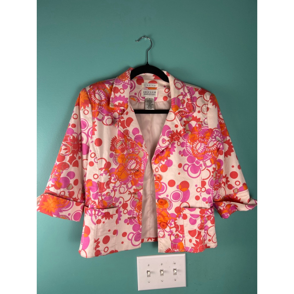 JohnPaulRichard Women’s Size 6 Stretch Blazer Jacket Pink Orange Floral Mod Retr